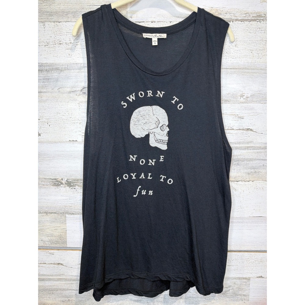 Express One Eleven Muscle Tank Women Large Black Skull Graphic Edgy Grunge EUC
